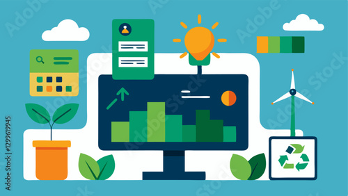 Sustainable Practices An illustration of various sustainable practices like wind turbines solar panels and recycling bins displayed on a digital dashboard being analyzed by a