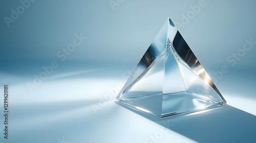 Crystal Pyramid Displayed on Blue Background with Soft Lighting and Shadows