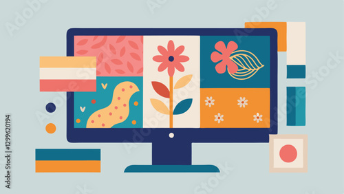 Textile Patterns An illustration of a screen showing various textile patterns and textures being created from floral designs to abstract art highlighting the digital design