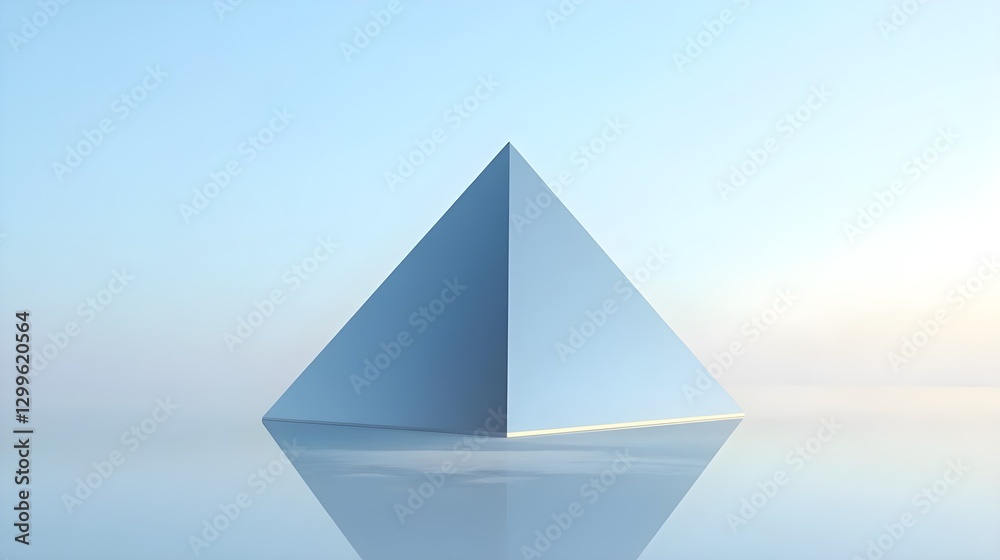 Sleek Blue Pyramid Reflecting Light on Calm Water Surface at Dawn Sleek Blue Pyramid Reflecting Light on Calm Water Surface at Dawn