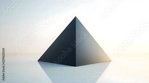 A sleek black pyramid sculpture illuminated by soft light in a minimalist setting