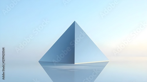 Sleek Blue Pyramid Reflecting Light on Calm Water Surface at Dawn