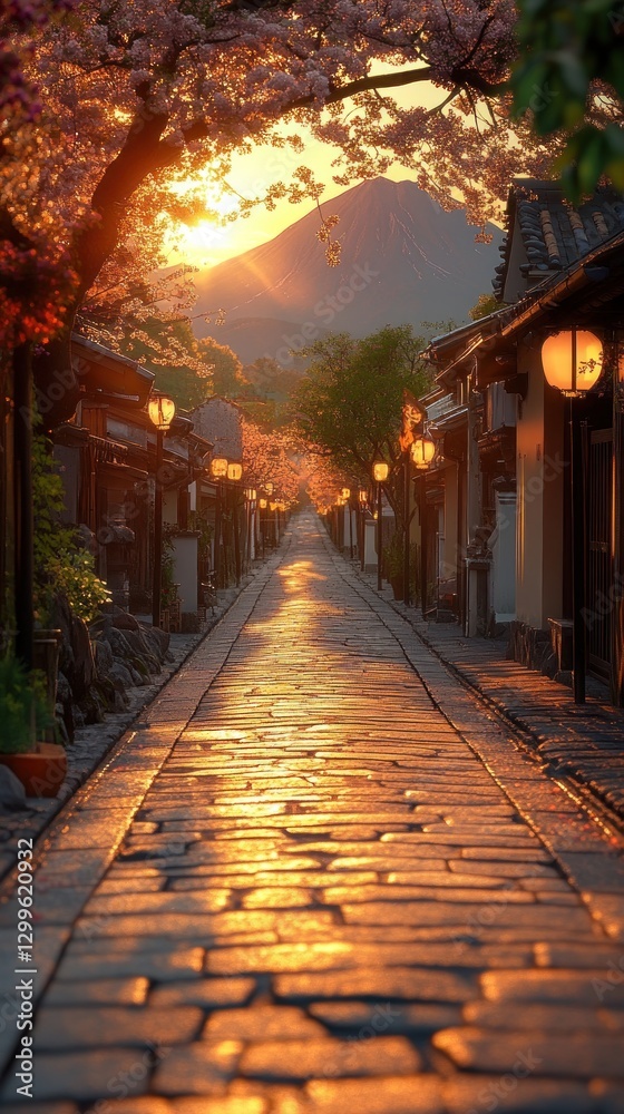 Fototapeta premium Sunset street, cherry blossoms, Japan, mountain view, travel