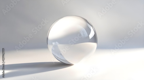 Clear Glass Sphere on White Surface with Soft Shadows and Natural Light Effects