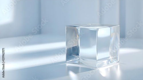 Clear Ice Cube on White Surface with Soft Lighting in Modern Interior Setting