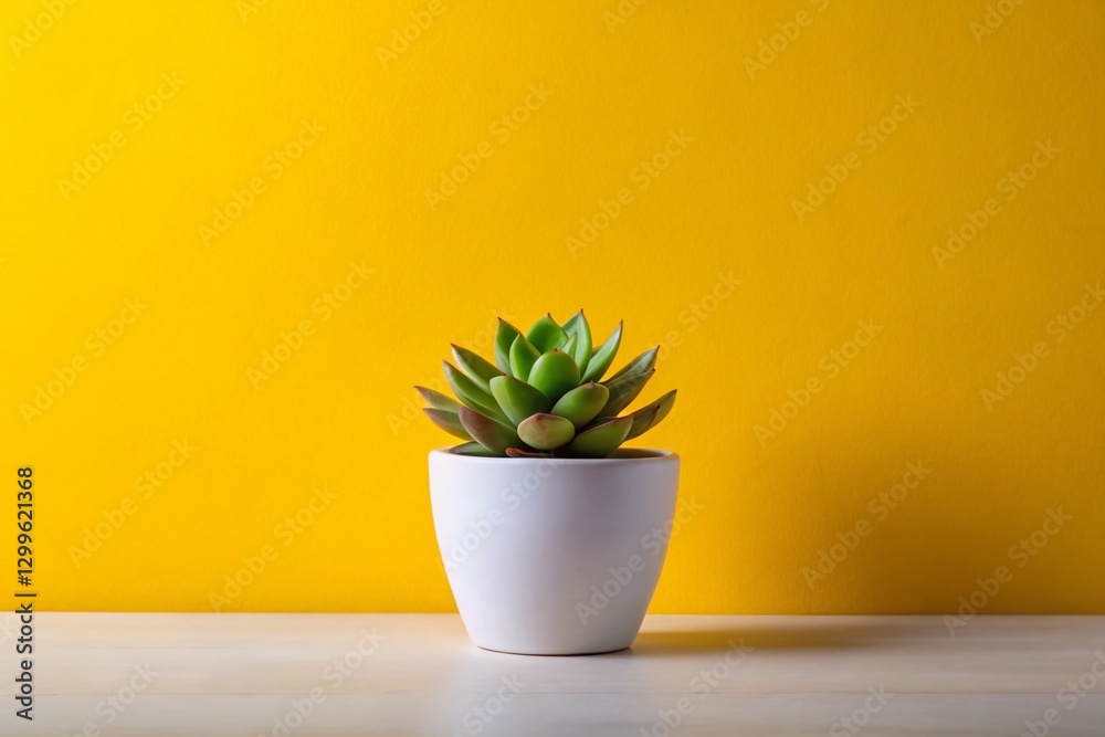 Minimalist Succulent in White Pot Against Yellow Wall - Stock Photo Minimalist Succulent in White Pot Against Yellow Wall - Stock Photo