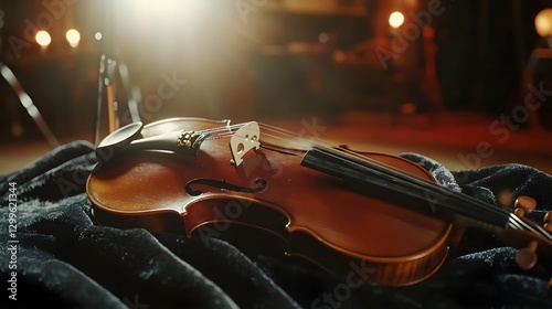 Violin Resting on Velvet in Warmly Lit Studio during Evening Session