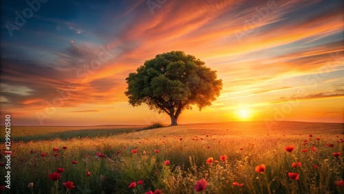 Minimalist Sunset: Heart-Shaped Tree in Poppy Field