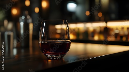 Close-Up of a Glass of Whiskey on a Bar Counter in a Cozy Night Atmosphere