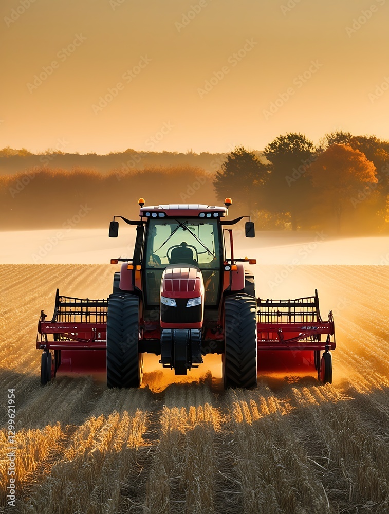 Obraz premium A large red tractor harvesting a golden wheat field at sunrise, symbolizing modern agriculture, sustainability, and the efficiency of farming machinery in food production and rural life