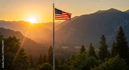 Fototapeta Naklejka Na Ścianę i Meble -  US flag on a pole with a natural landscape in the background