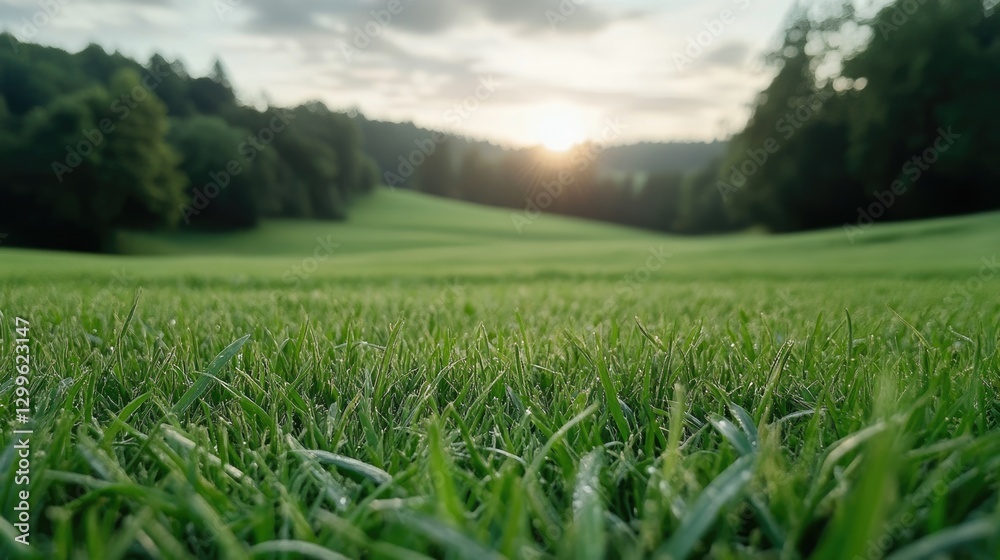 Fototapeta premium A lush green grass field stretches into the distance, illuminated by the warm hues of a sunset. The landscape is calm, with trees framing the serene environment