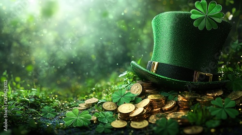 Leprechaun hat and clover leaves on green glitter background, space for text. St Patrick's Day celebration