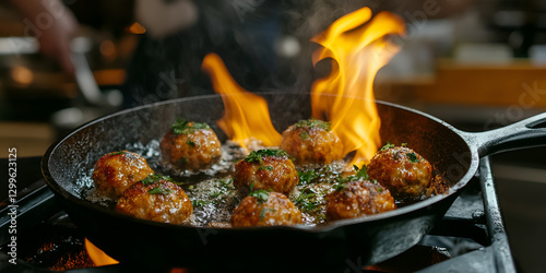 Golden Brown Meatballs Sizzling in a Hot Cast Iron Skillet