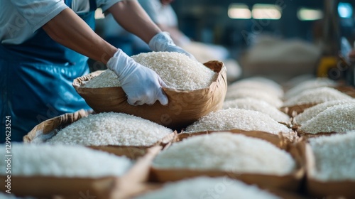 Weighing and sealing a fresh batch of rice for packaging in a processing facility