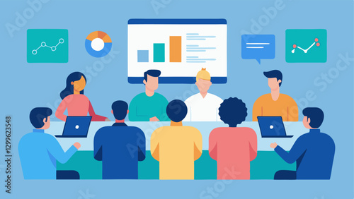 Team Collaboration A diverse group of professionals sitting around a conference table discussing a large screen displaying customer service analytics and AI insights.