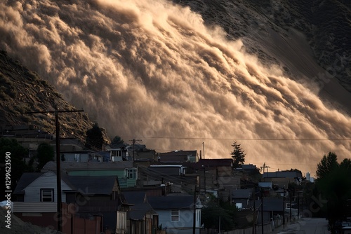 A Landslide's Shadow Over a Town: The shadow of a massive landslide looming over a nearby town, casting an ominous pall over the landscape. 