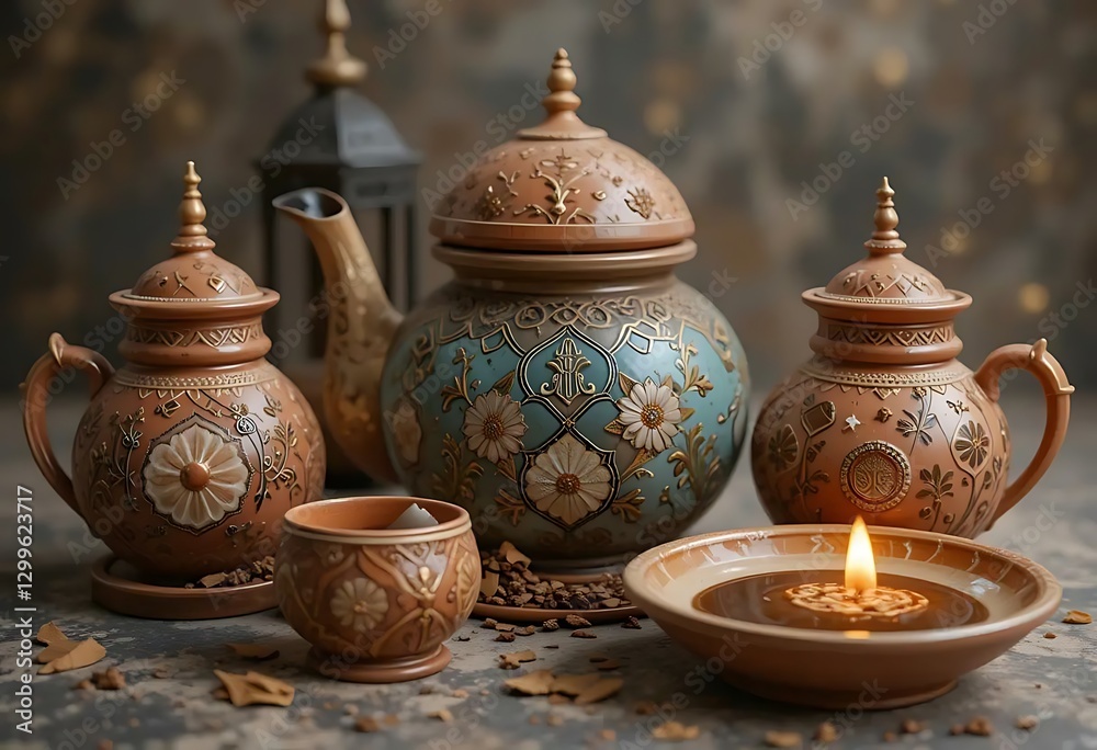 Ornamental Tea Set with Candlelight and Decorative Lantern Arrangement Ornamental Tea Set with Candlelight and Decorative Lantern Arrangement