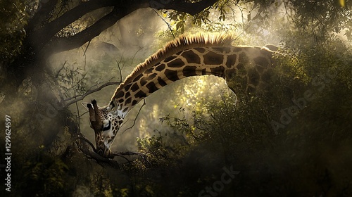 A serene scene depicting a majestic giraffe interacting gently with a figure in a foggy forest, showcasing harmony in nature