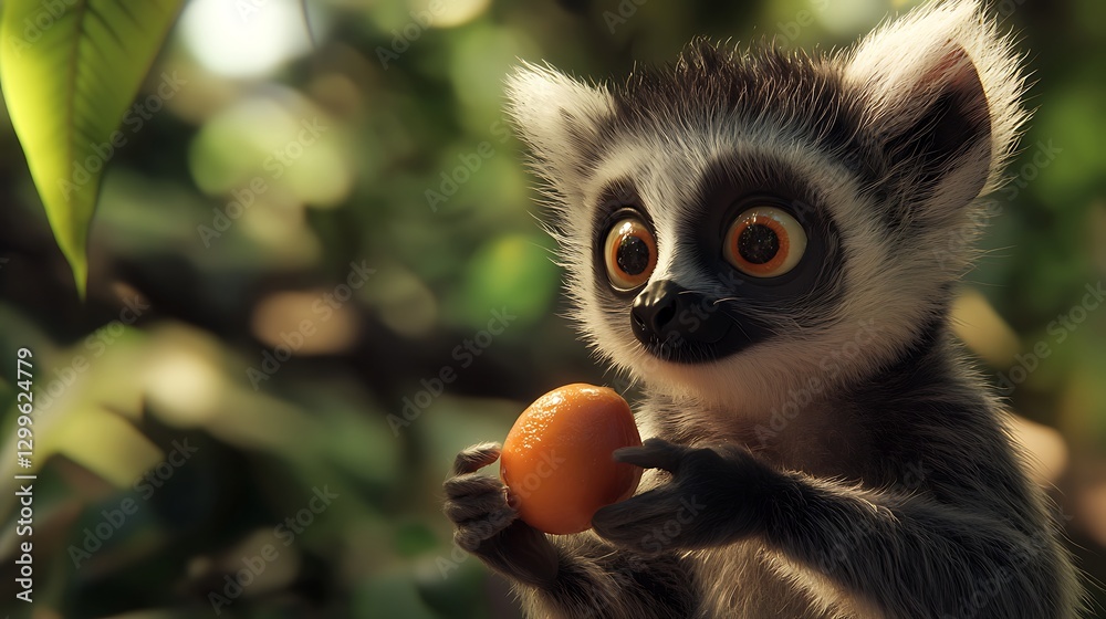 Naklejka premium A cute lemur holding an orange fruit while perched among green foliage in a sunlit forest, conveying a playful and curious atmosphere