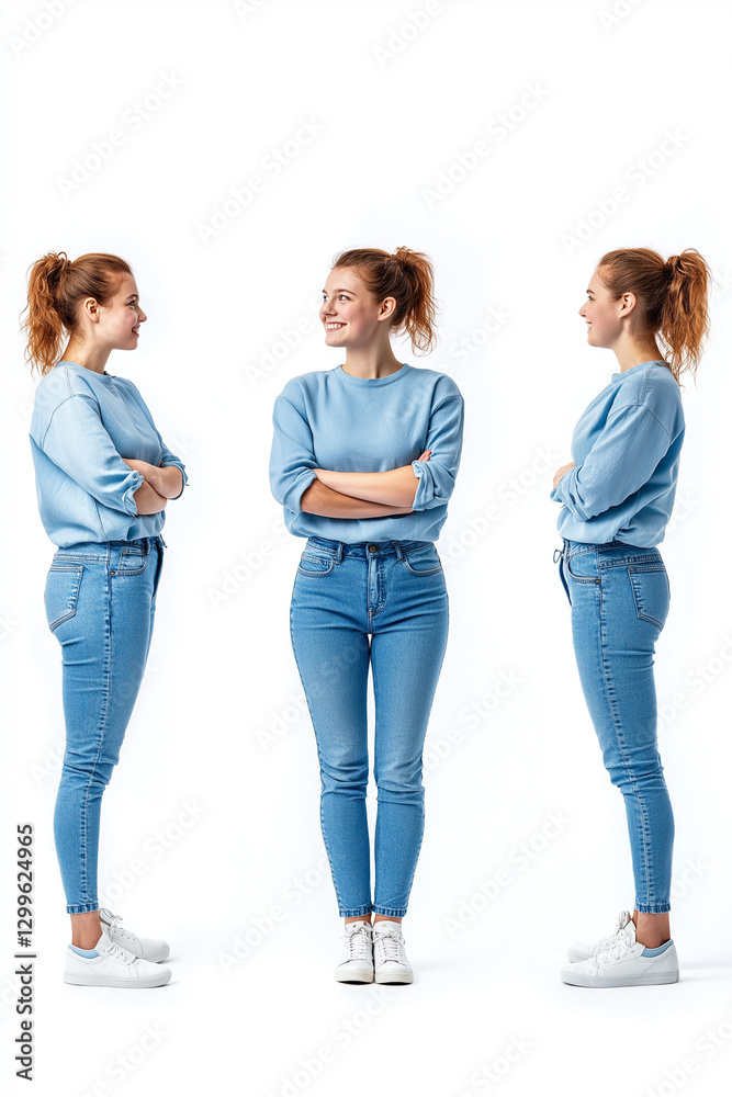 Obraz premium Junge Frau in Jeans steht selbstbewusst in modischer Pose vor weißem Hintergrund