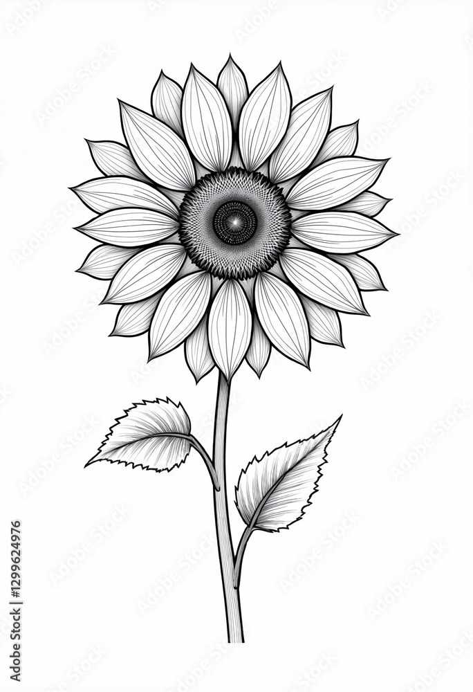 Fototapeta premium Minimalist sunflower illustration in black and white line art