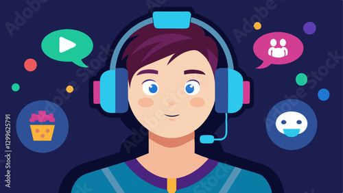 Streaming Action A closeup of a young gamer wearing a headset focused on their screen with animated game graphics and colorful chat bubbles appearing around them.
