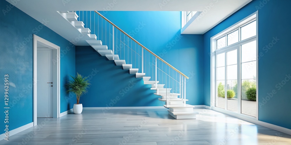 Obraz premium Modern Minimalist White Staircase Blue Walls Interior Design Stock Photo