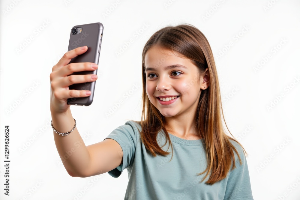 Happy Teenage Girl Taking a Selfie Against a Simple White Background, Radiating Joy and Confidence with a Smartphone in Hand Happy Teenage Girl Taking a Selfie Against a Simple White Background, Radiating Joy and Confidence with a Smartphone in Hand
