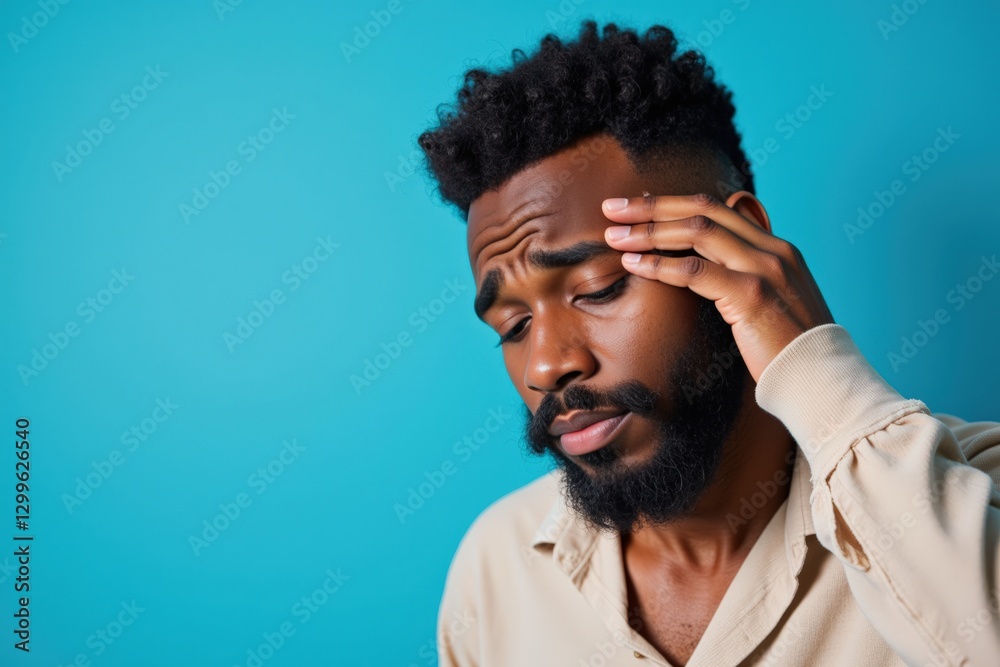 Obraz premium A Young African American Man in His 30s Expressing Concern and Stress While Holding His Head Against a Solid Blue Background