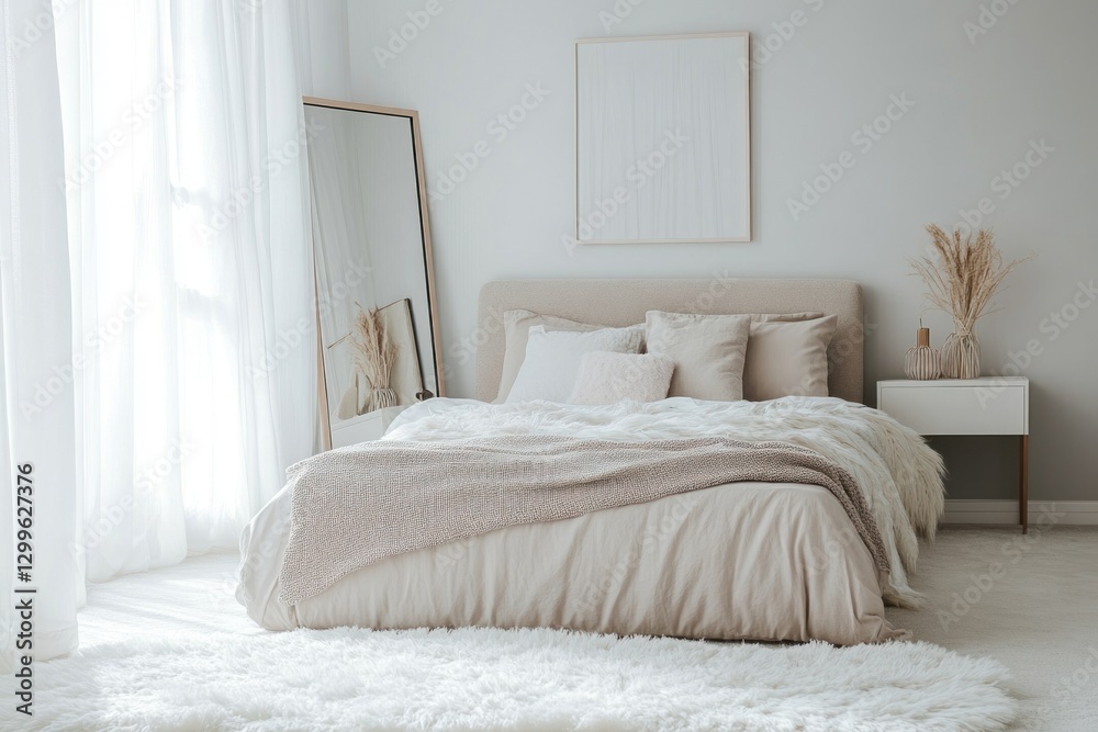 Obraz premium Cozy bedroom with neutral tones, plush bedding, and natural light.