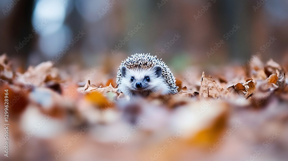 Autumn forest hedgehog closeup, leaf litter, blurred background, wildlife photography Autumn forest hedgehog closeup, leaf litter, blurred background, wildlife photography