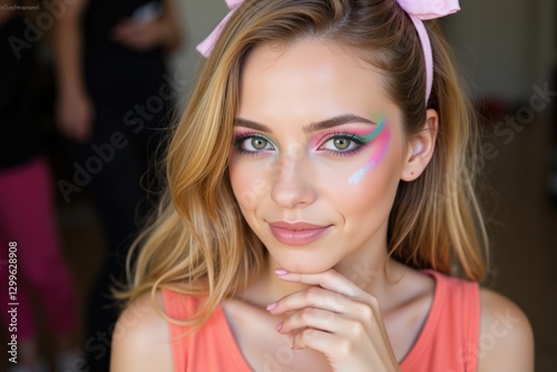 A Young Caucasian Woman in Her Early 20s with Colorful Makeup and a Pink Hair Bow, Posing Confidently in a Bright Room Filled with Friends photo