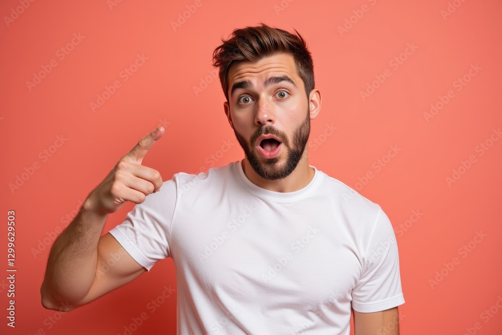 Fototapeta premium A Surprised Young Caucasian Man in a White T-shirt Against a Coral Background, Expressing Shock and Interest with His Open Mouth and Raised Finger