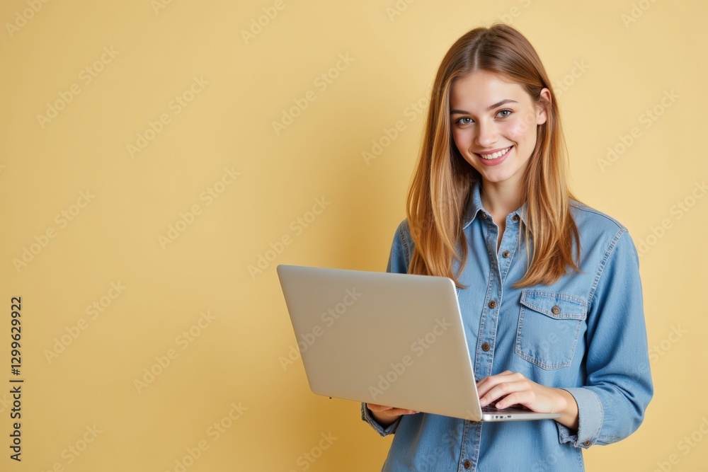 A Smiling Young Caucasian Woman with Long Hair Working on a Laptop Against a Bright Yellow Background in a Relaxed, Modern Environment A Smiling Young Caucasian Woman with Long Hair Working on a Laptop Against a Bright Yellow Background in a Relaxed, Modern Environment