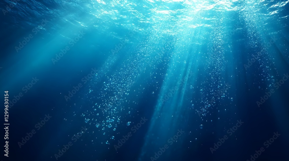 Sunlit Underwater Scene with Bubbles and Rays in a Calm Ocean Setting Sunlit Underwater Scene with Bubbles and Rays in a Calm Ocean Setting