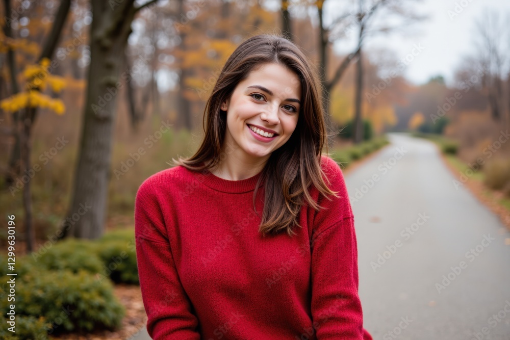Smiling Young Caucasian Woman in Red Sweater Enjoying a Peaceful Autumn Walk Along a Tree-Lined Pathway in a Park Smiling Young Caucasian Woman in Red Sweater Enjoying a Peaceful Autumn Walk Along a Tree-Lined Pathway in a Park