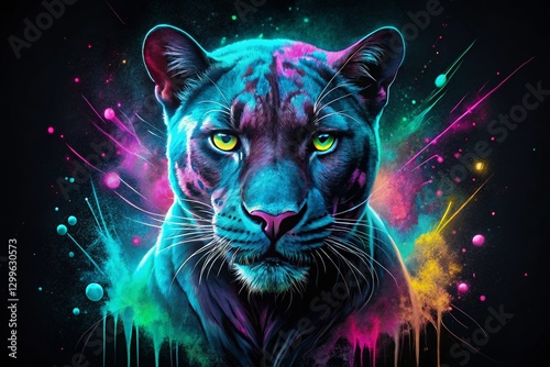 Neon Panther Urban Exploration Watercolor Art - Black Background