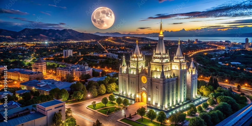 Fototapeta premium Night Aerial View of Salt Lake City Temple with Moon