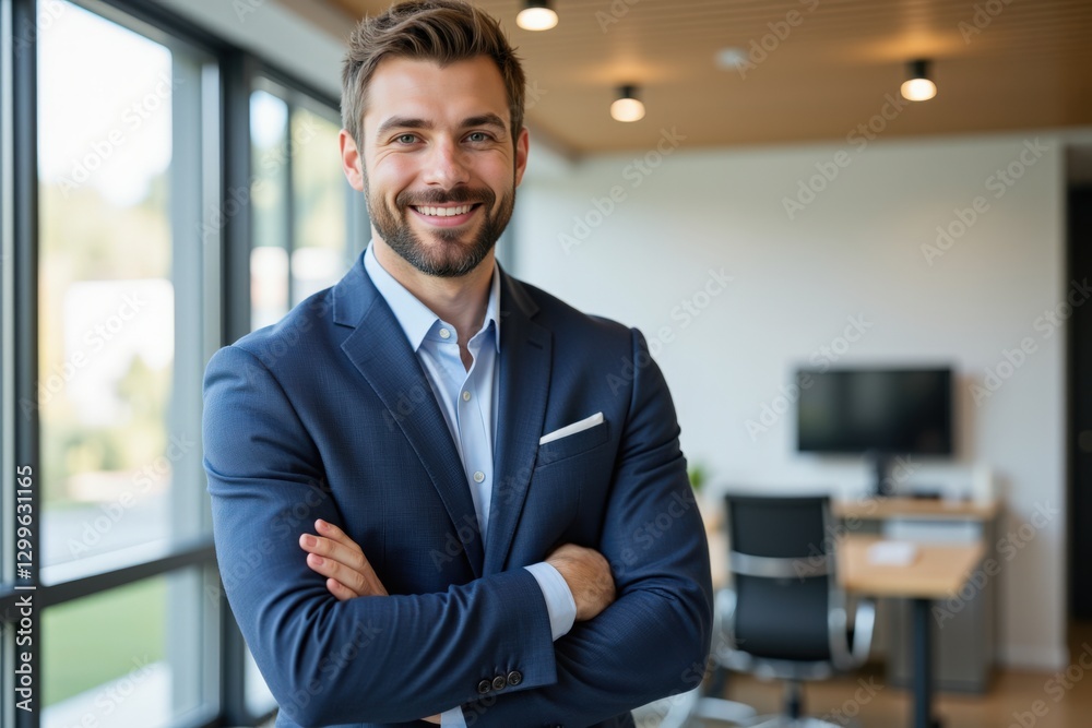 Obraz premium Confident Young Caucasian Male Professional Smiling in a Modern Office Setting with Natural Light and a Stylish Interior, Highlighting Entrepreneurial Vibes