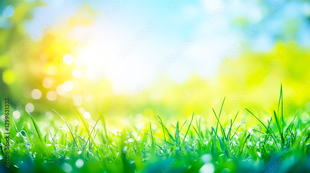 Obraz premium Sunny spring meadow with a blurred nature background, featuring a clear blue sky and vibrant green grass, creating a serene and peaceful atmospher