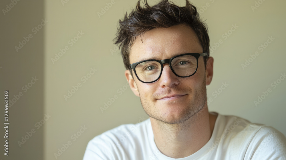 A handsome man with black glasses, smiling and looking at the camera, generative AI A handsome man with black glasses, smiling and looking at the camera, generative AI