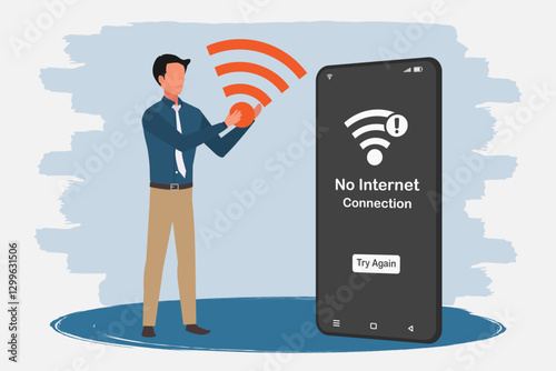 A smartphone with no internet connection on screen. Man holding a wifi symbol. No internet access or bad connection concept. Vector illustration.