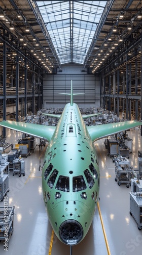 Aviation Factory Interior Featuring Aircraft Assembly Line with Large Commercial Airplane Under Construction in Industrial Manufacturing Facility photo