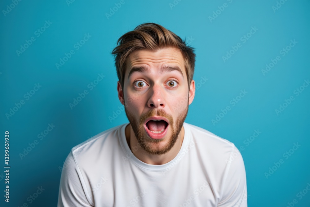 A surprised young Caucasian man with a beard, dressed in a white t-shirt against a vibrant blue background, expressing shock and excitement with his mouth wide open and eyes wide. A surprised young Caucasian man with a beard, dressed in a white t-shirt against a vibrant blue background, expressing shock and excitement with his mouth wide open and eyes wide.