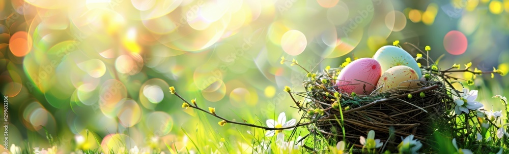 Fototapeta premium Colorful Easter eggs in a bird nest on a spring meadow, surrounded by flowers and soft sunlight, bringing holiday cheer.