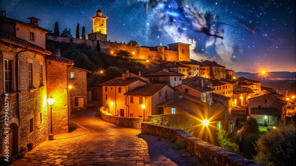 Obraz premium Night Photography: Enchanting Montecatini Alto, Italy - Historic Tuscan Town, Illuminated Streets, Starry Sky