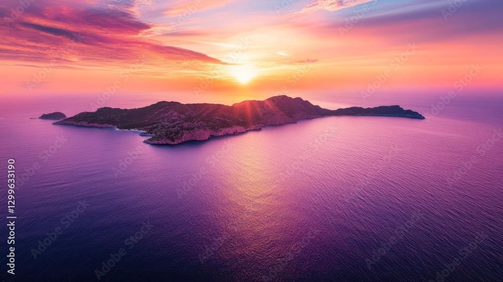 Fototapeta premium A Vast Ocean with Small Islands Dotting the Horizon at Sunset By Generated AI