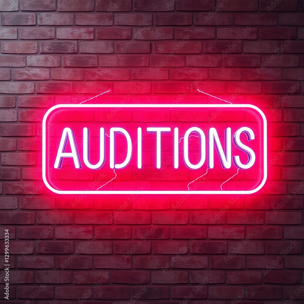 Neon Sign on Brick Wall background - Auditions. 3d rendering Neon Sign on Brick Wall background - Auditions. 3d rendering