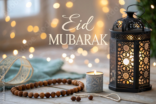 christmas still life with candle. christmas decoration with candles. Eid Mubarak greeting typography beautiful bokeh photo